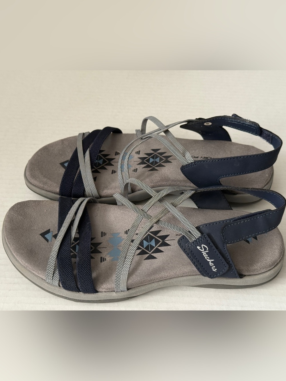 Skechers Reggae Slim -Takes Two Sandals Navy / Gray Memory Foam Women's Size 8W